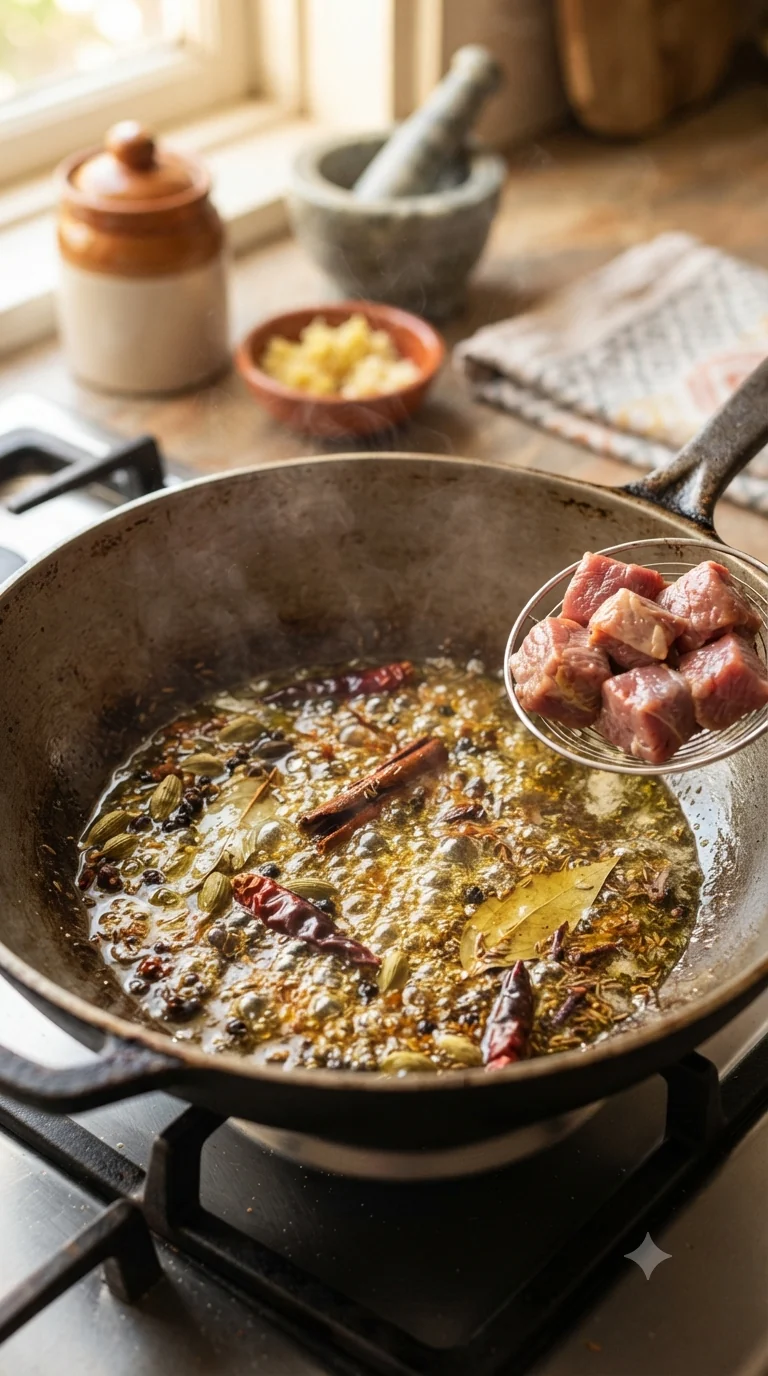 Faire revenir longuement les épices entières dans l’huile chaude avant d’y saisir les morceaux d’agneau