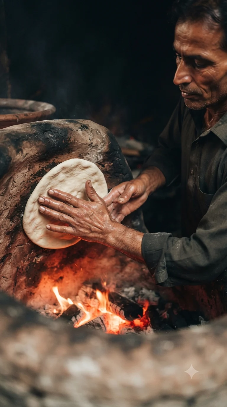 Coller la pâte aplatie contre la paroi brûlante du four tandoor pour une cuisson en quelques instants