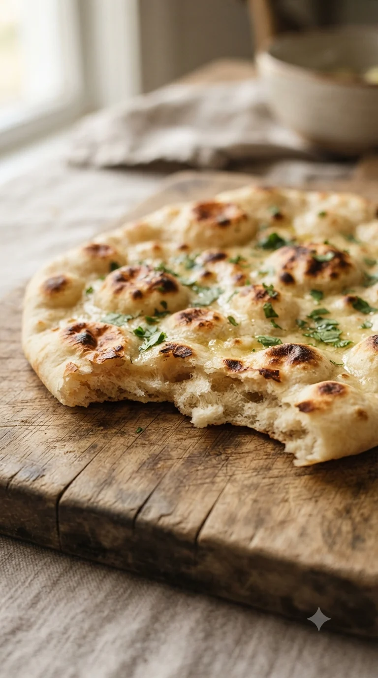 Gros plan sur naan indien, plat traditionnel de l’Inde