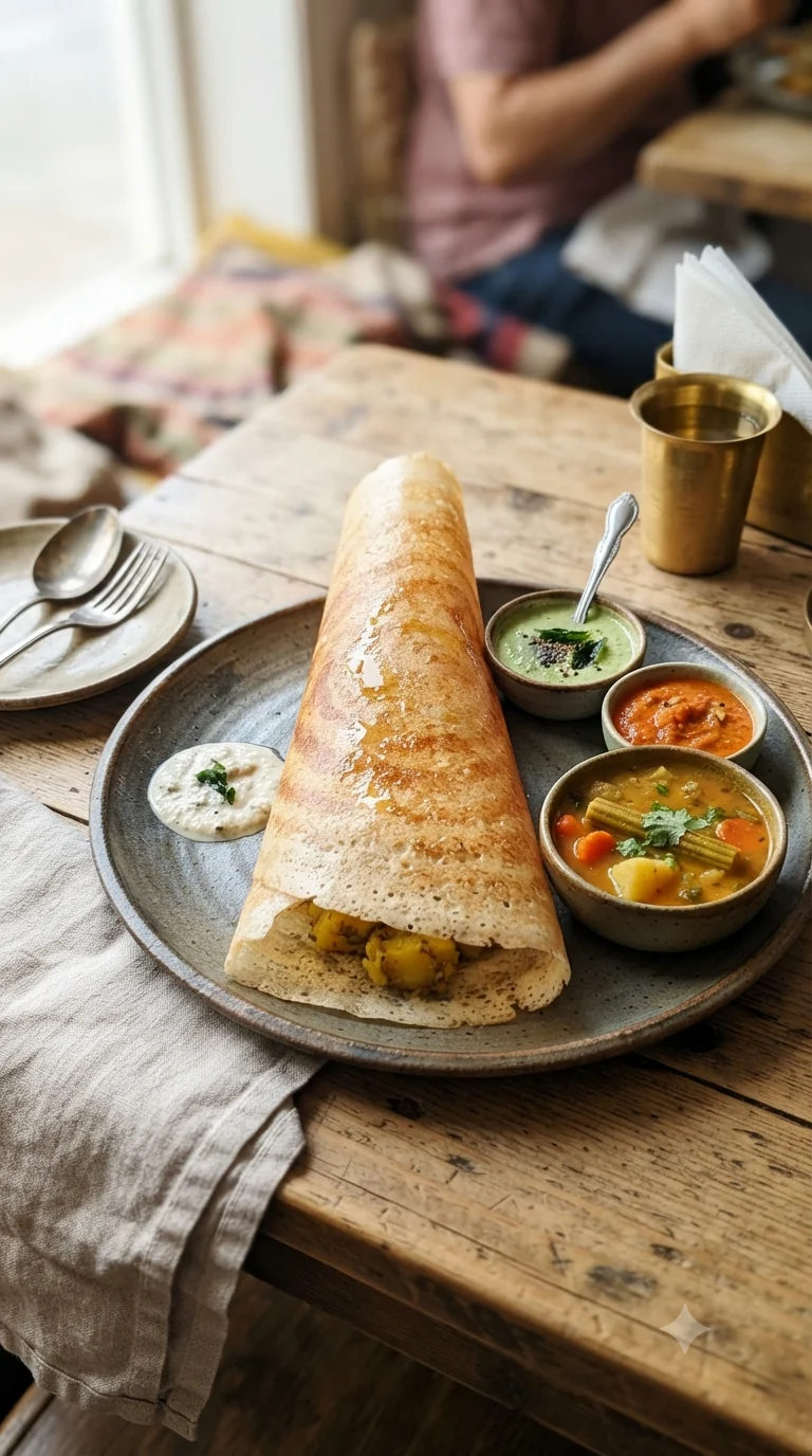 Gros plan sur dosa indien, plat traditionnel de l’Inde