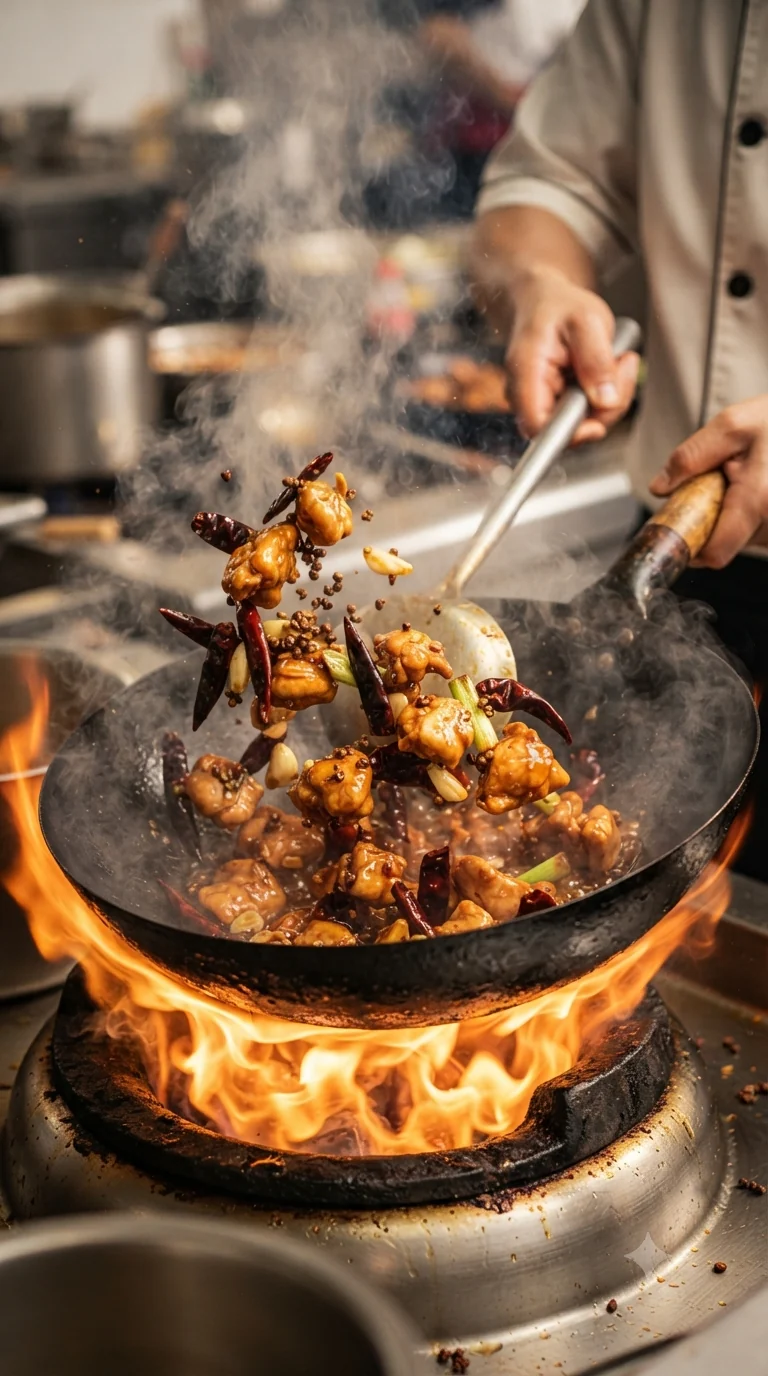 Sauter vivement le poulet au wok à feu très vif avec les piments secs, provoquant une légère fumée caractéristique