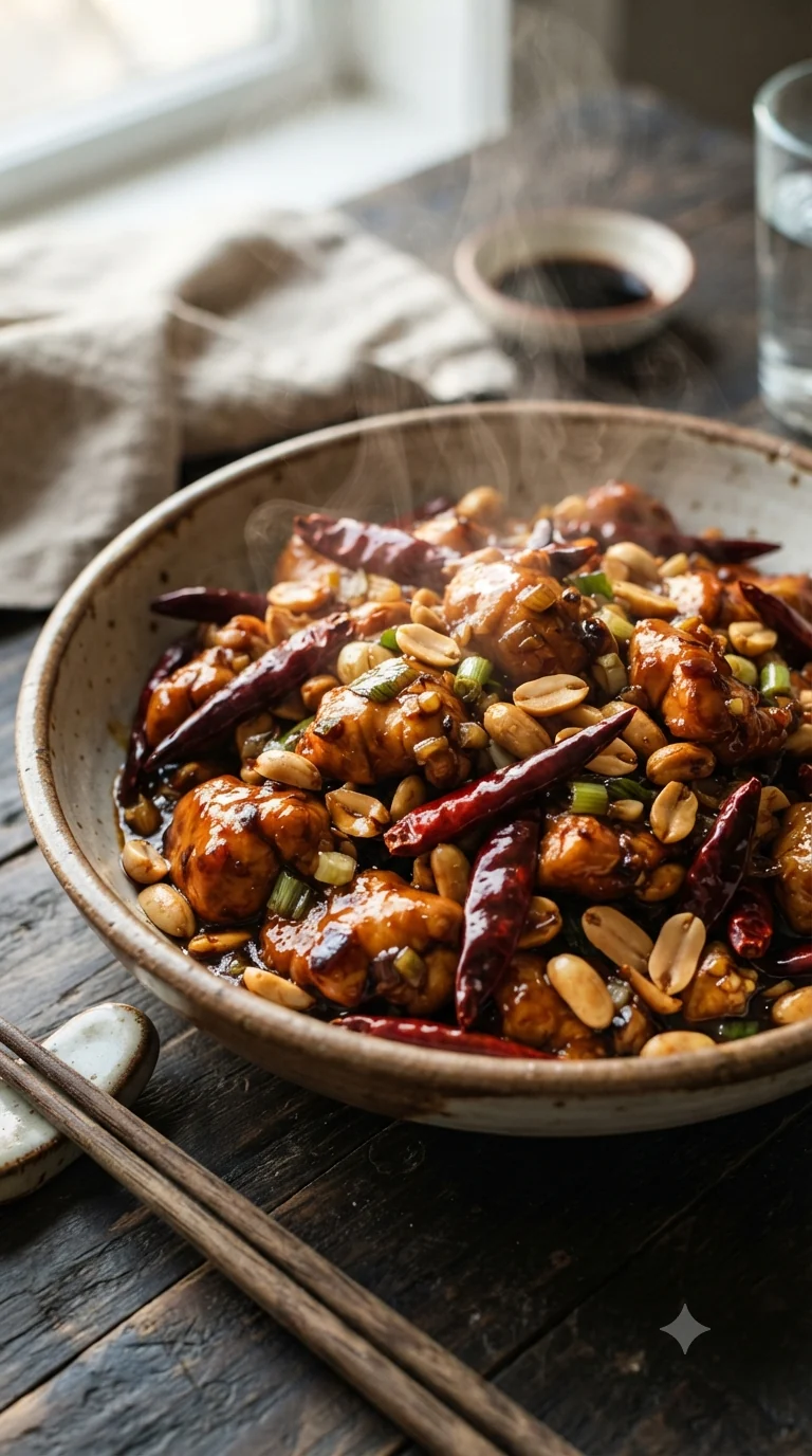 Gros plan sur poulet kung pao chinois, plat traditionnel de Chine