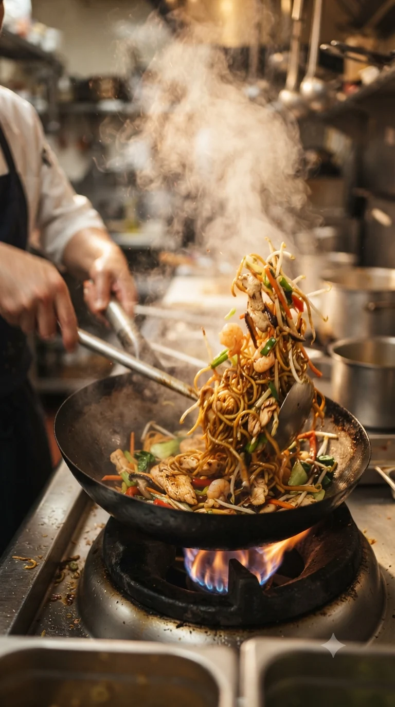 Sauter rapidement les nouilles dans un wok très chaud pour obtenir une texture légèrement grillée