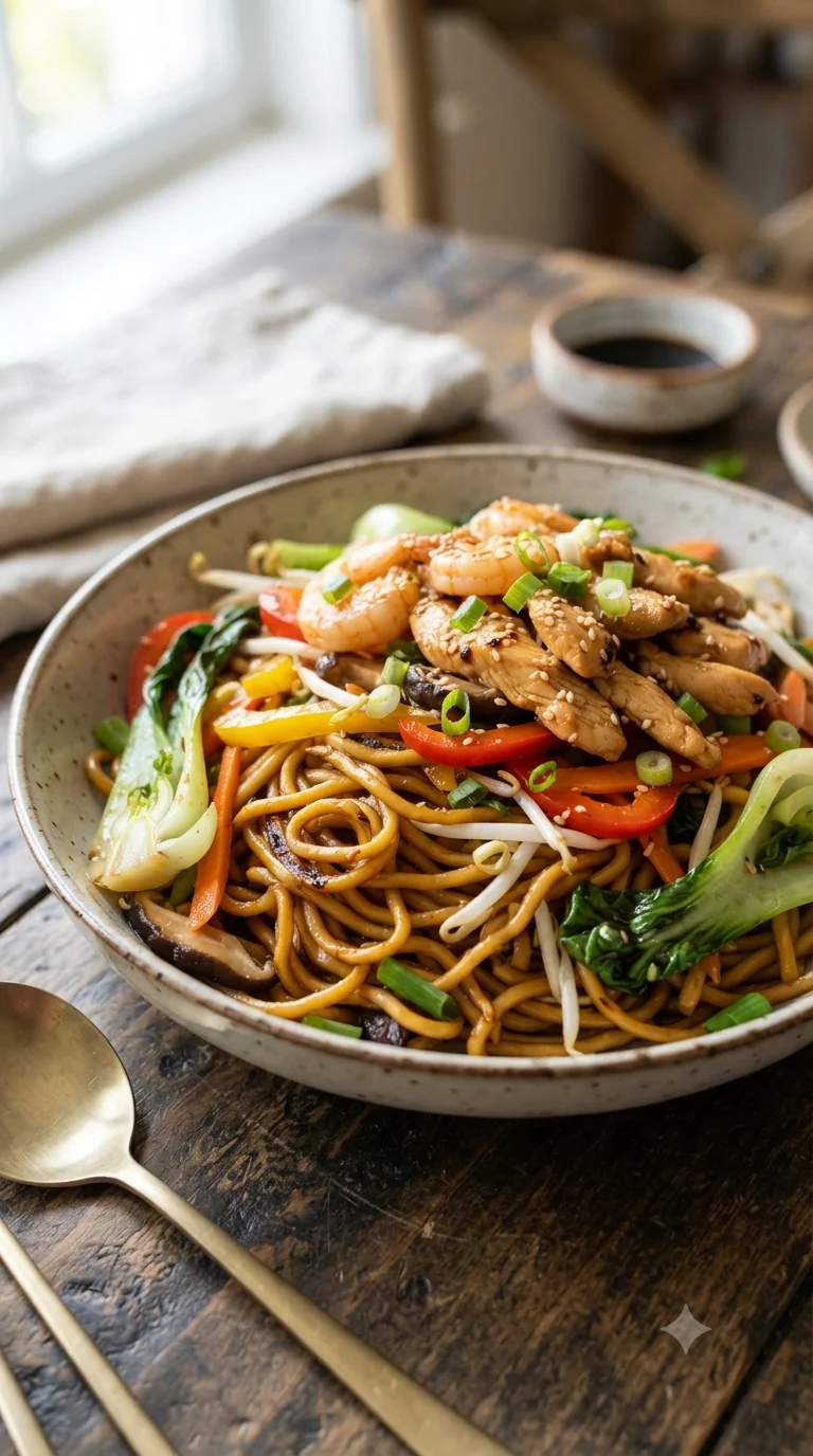 Gros plan sur chow mein chinois, plat traditionnel de Chine