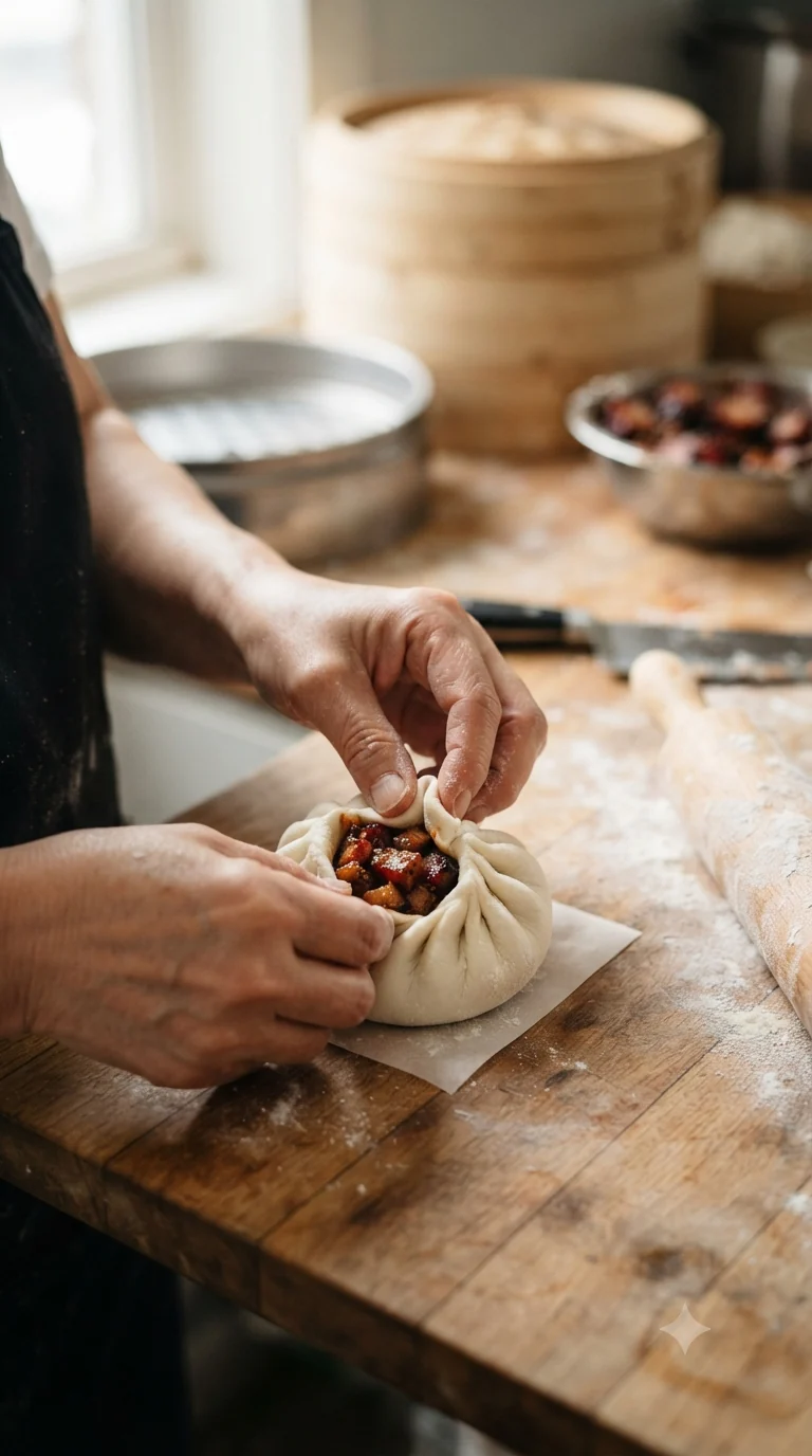 Refermer et pincer la pâte autour de la farce de char siu avant la cuisson vapeur