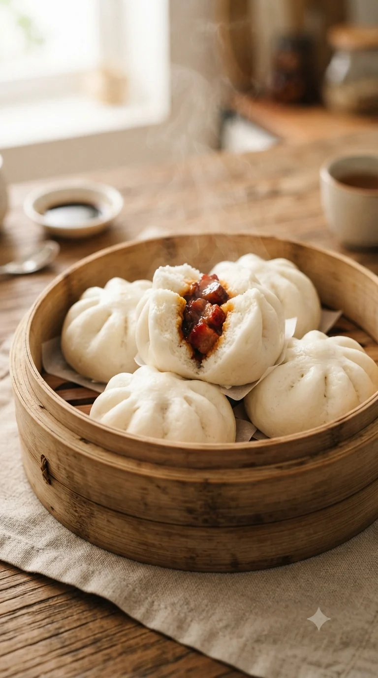 Gros plan sur char siu bao chinois, plat traditionnel de Chine