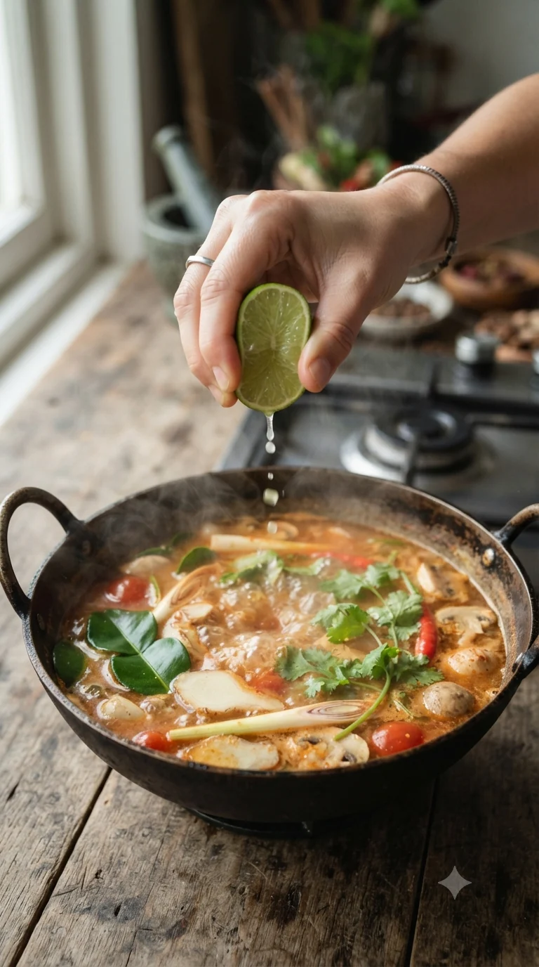 Ajouter les aromates thaïlandais au bouillon frémissant puis le jus de citron vert en toute fin de cuisson