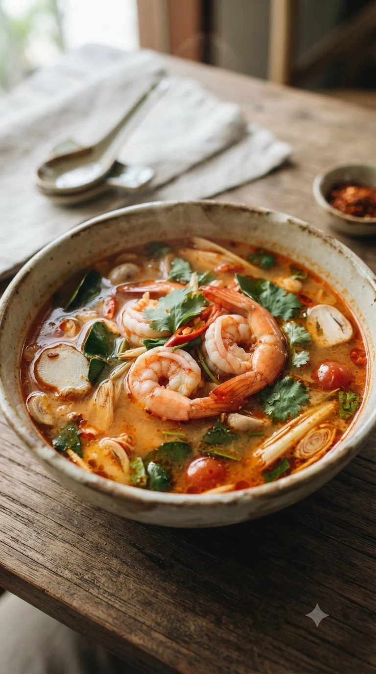 Gros plan sur tom yum goong thaïlandais, plat traditionnel de Thaïlande