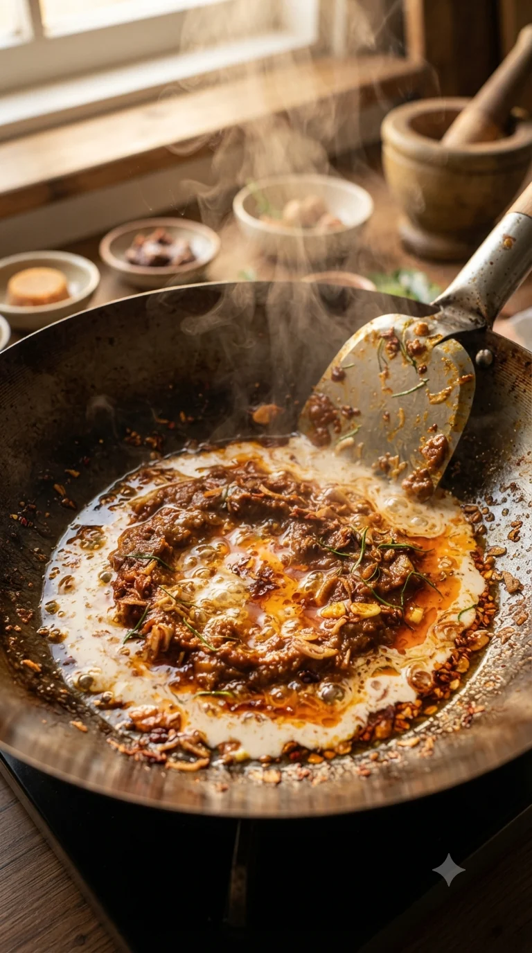 Faire revenir la pâte de curry dans la partie grasse du lait de coco avant d’incorporer les autres ingrédients