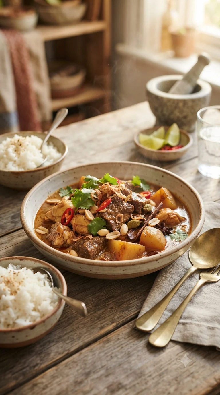 Gros plan sur massaman curry thaïlandais, plat traditionnel de Thaïlande