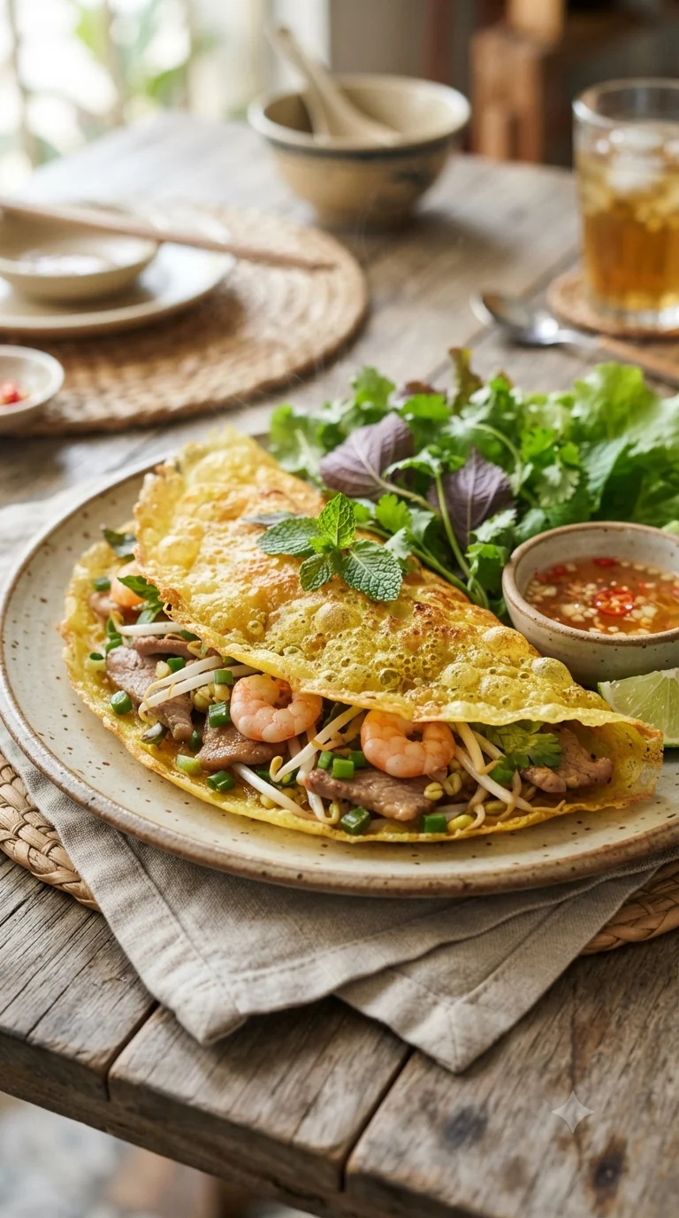 Gros plan sur bánh xèo vietnamien, plat traditionnel du Vietnam