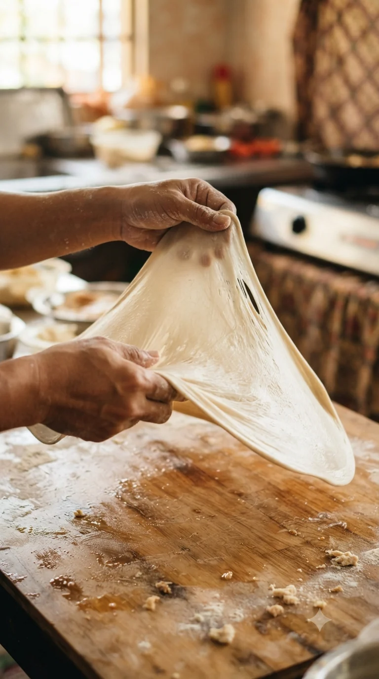 Étirer la pâte extrêmement finement en la faisant tourner avant de la replier plusieurs fois