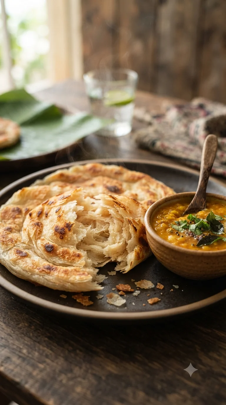 Gros plan sur roti canai malaisien, plat traditionnel de Malaisie