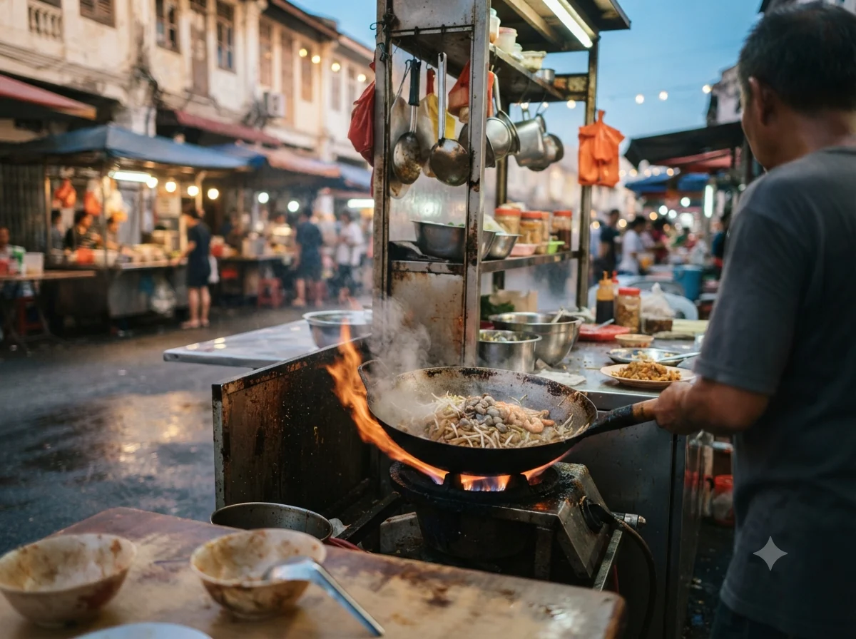 Vue patrimoniale évoquant l’origine de char kway teow malaisien en Malaisie