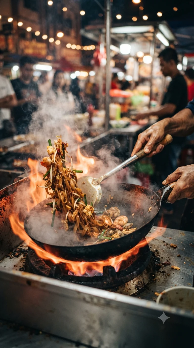 Sauter les nouilles et garnitures à feu très vif dans le wok pour obtenir le goût caractéristique du wok hei