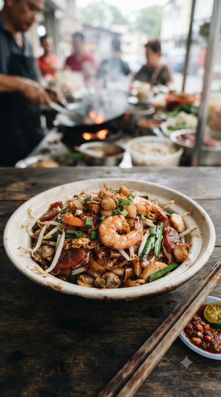 Gros plan sur char kway teow malaisien, plat traditionnel de Malaisie