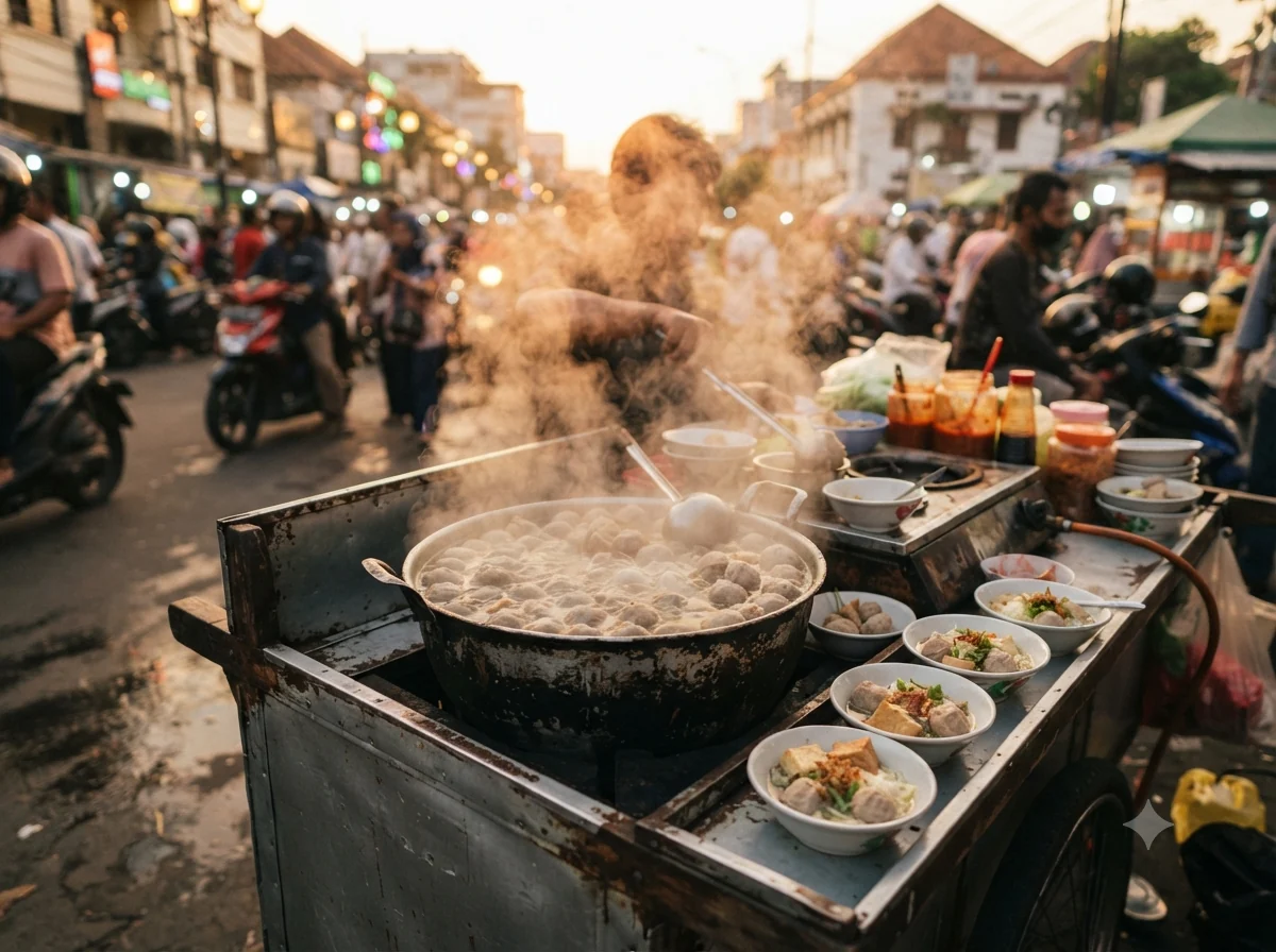 Vue patrimoniale évoquant l’origine de bakso indonésien en Indonésie