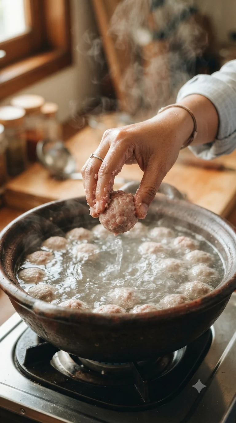 Former les boulettes de viande et de tapioca entre le pouce et l’index avant de les plonger dans l’eau frémissante