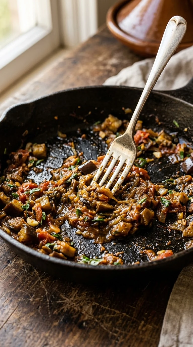 Écraser et travailler les aubergines et tomates pendant leur réduction jusqu’à texture fondante