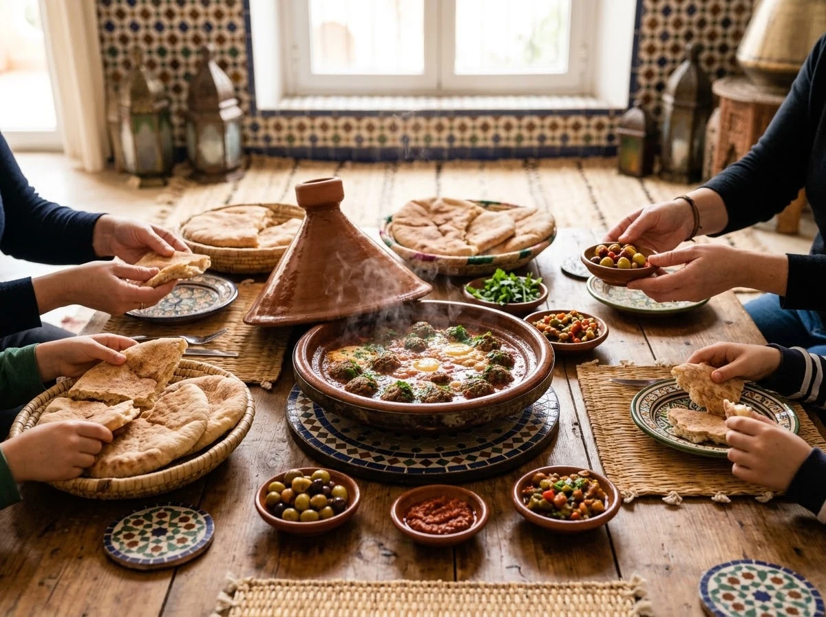 Vue patrimoniale évoquant l’origine de kefta marocaine aux œufs et tomates au Maroc