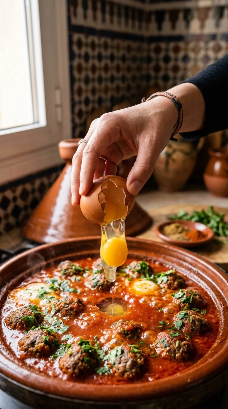 Casser les œufs dans la sauce tomate autour des boulettes en fin de cuisson