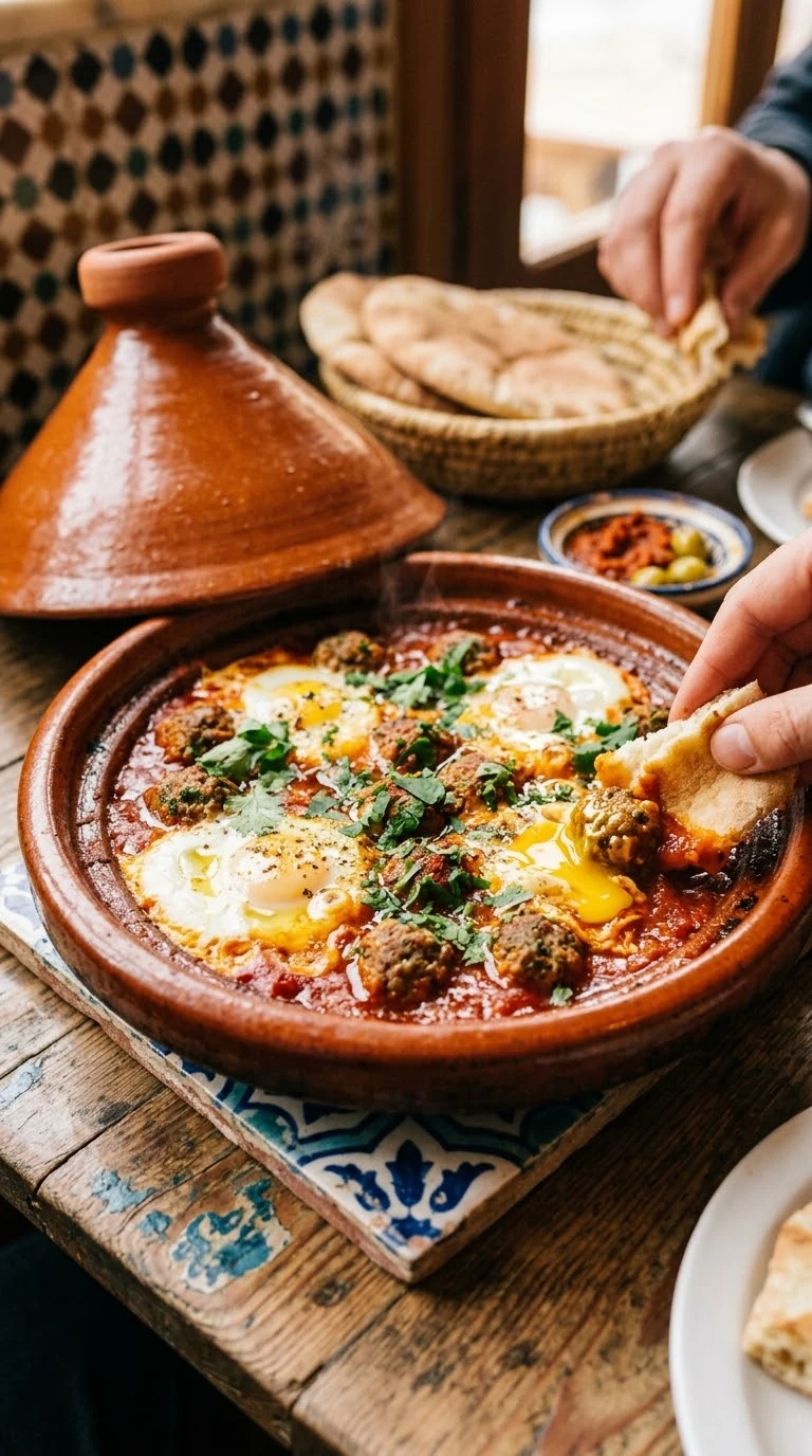 Gros plan sur kefta marocaine aux œufs et tomates, plat traditionnel du Maroc