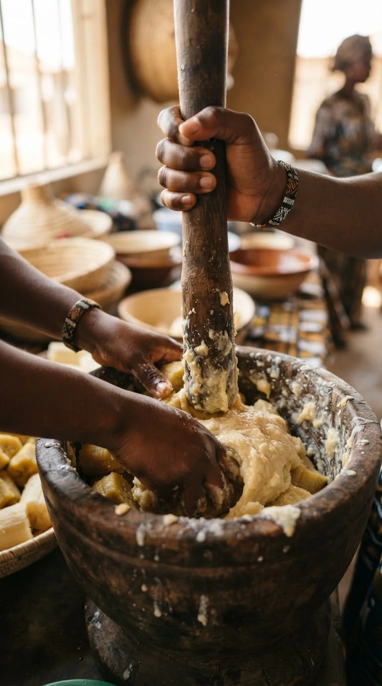 Piler la banane plantain et le manioc cuits jusqu’à obtenir une pâte lisse, dense et élastique