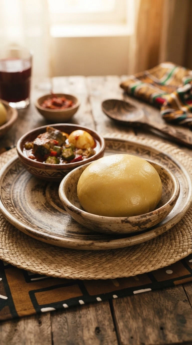 Gros plan sur foutou banane ivoirien, plat traditionnel de Côte d’Ivoire