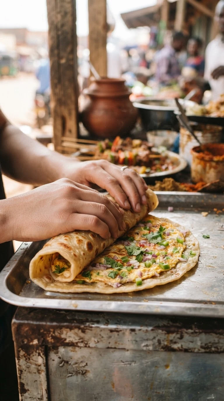 Rouler fermement le chapati autour de l’omelette aux légumes pour former un repas portable