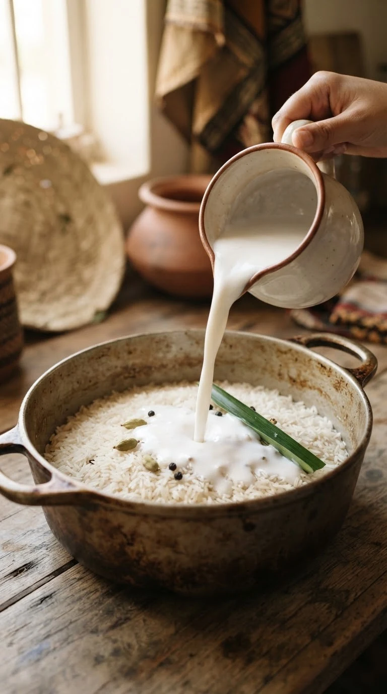 Verser le lait de coco et l’eau sur le riz puis laisser cuire doucement jusqu’à absorption complète