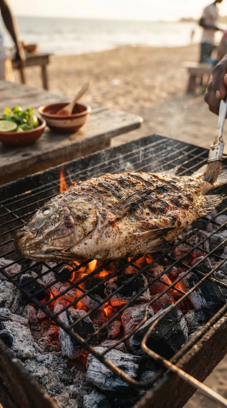 Griller le poisson entier sur des braises jusqu’à ce que la peau soit bien marquée