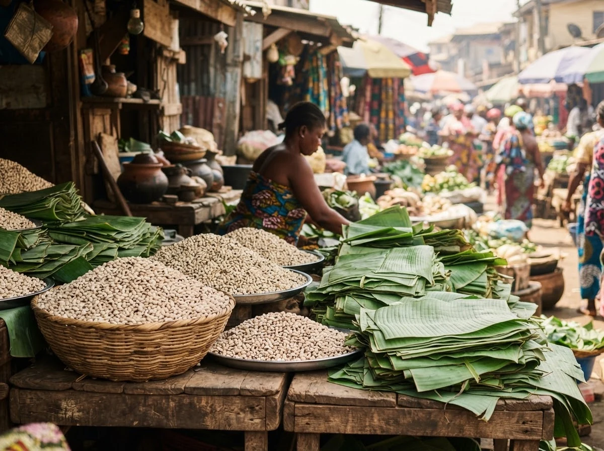 Haricots à œil noir et feuilles évoquant la préparation traditionnelle du moin moin au Nigeria