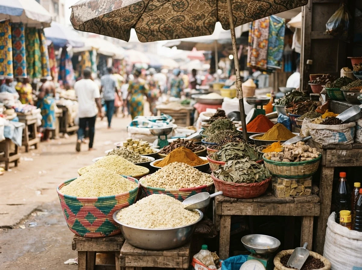 Graines egusi et ingrédients de marché évoquant la cuisine nigériane