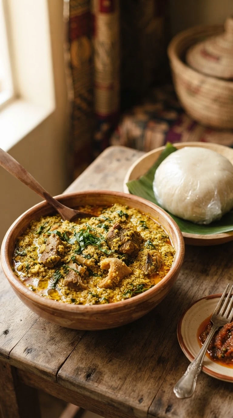Gros plan sur egusi soup nigériane, épaisse et riche en graines moulues et légumes verts