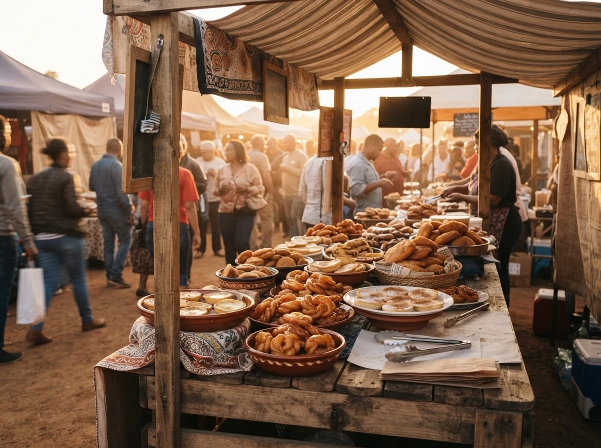 Scène de pâtisserie évoquant la tradition afrikaner des koeksisters en Afrique du Sud