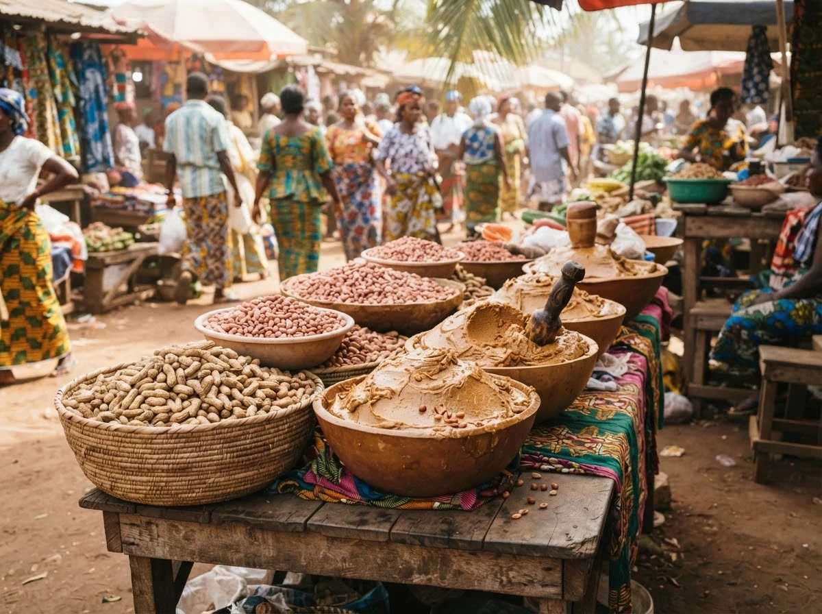Arachides et ingrédients de marché évoquant la cuisine togolaise