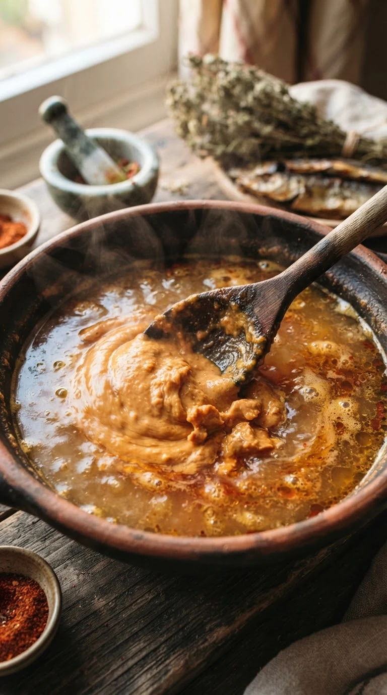 Délayer progressivement la pâte d’arachide dans la sauce tomate avant le mijotage
