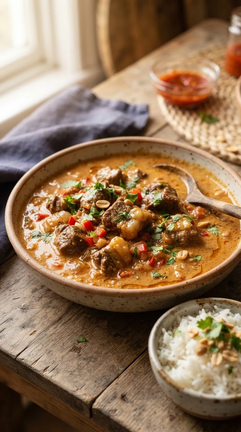 Sauce arachide togolaise onctueuse servie avec poulet et accompagnement