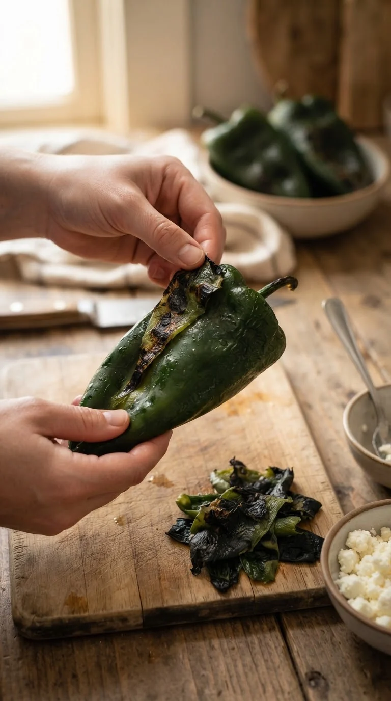 Griller les poblanos, les laisser étuver puis retirer délicatement leur peau avant de les farcir