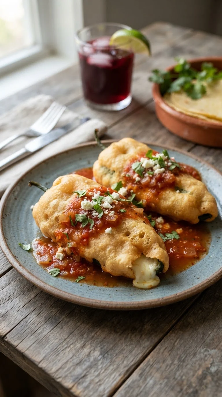 Gros plan sur chiles rellenos mexicains, poblanos farcis au fromage et nappés de sauce tomate