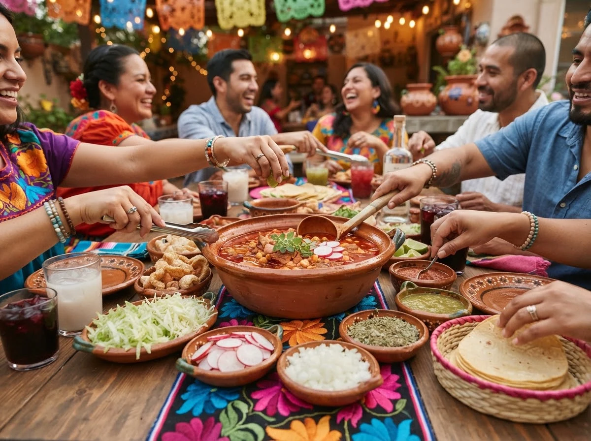 Maïs pozolero et piments secs évoquant la tradition du pozole au Mexique