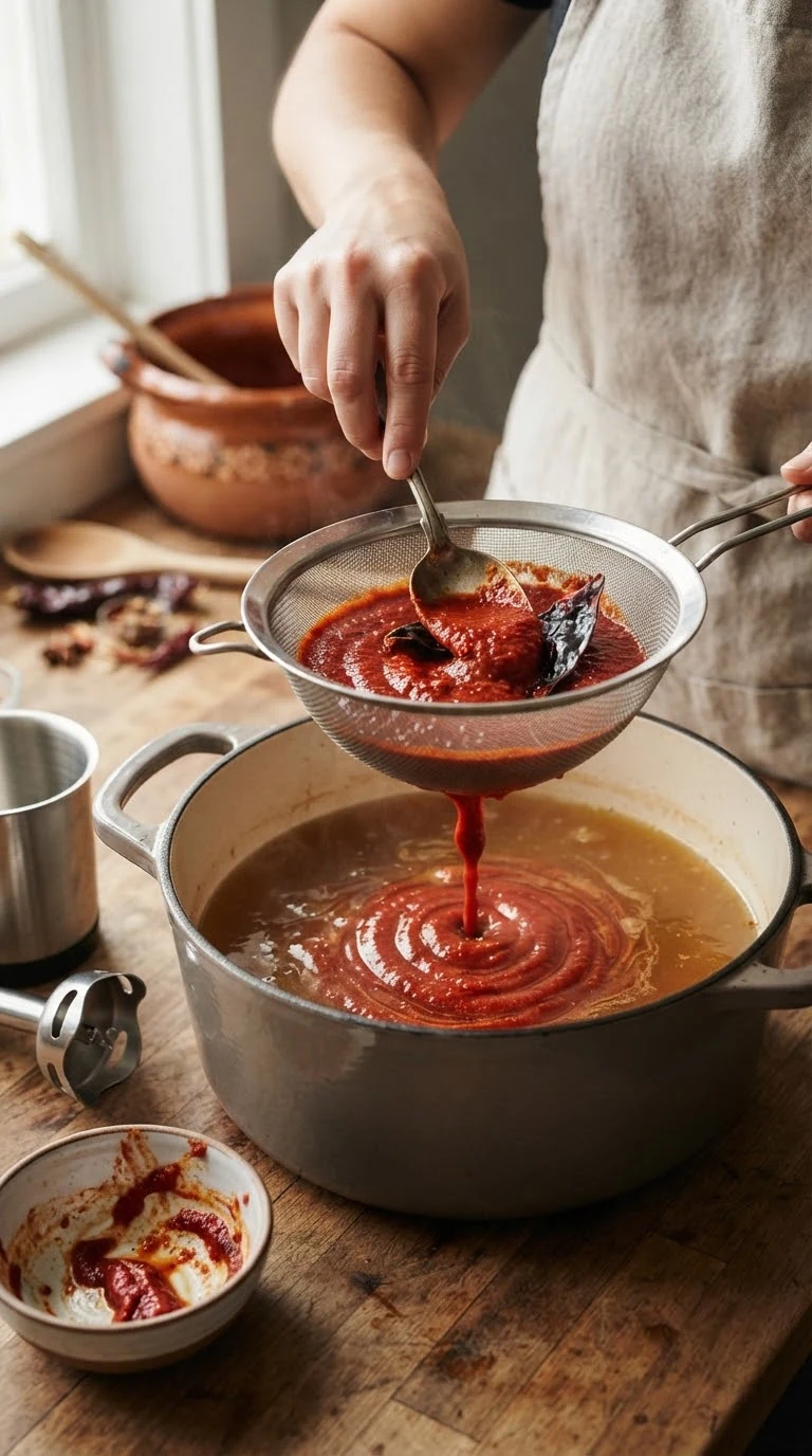 Mixer les piments rouges réhydratés avant de les incorporer au bouillon du pozole