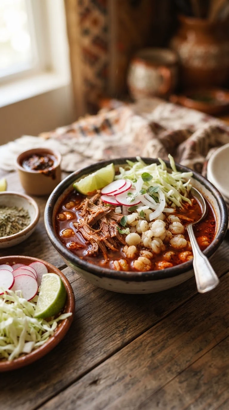 Bol de pozole rojo mexicain avec maïs pozolero, porc et garnitures fraîches