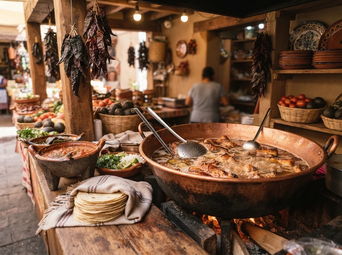 Scène de cuisine évoquant la tradition des carnitas du Michoacán au Mexique