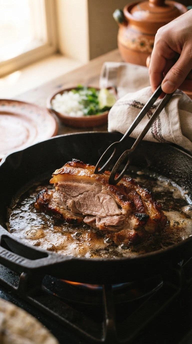 Faire dorer les morceaux de porc après la cuisson lente pour obtenir des bords croustillants