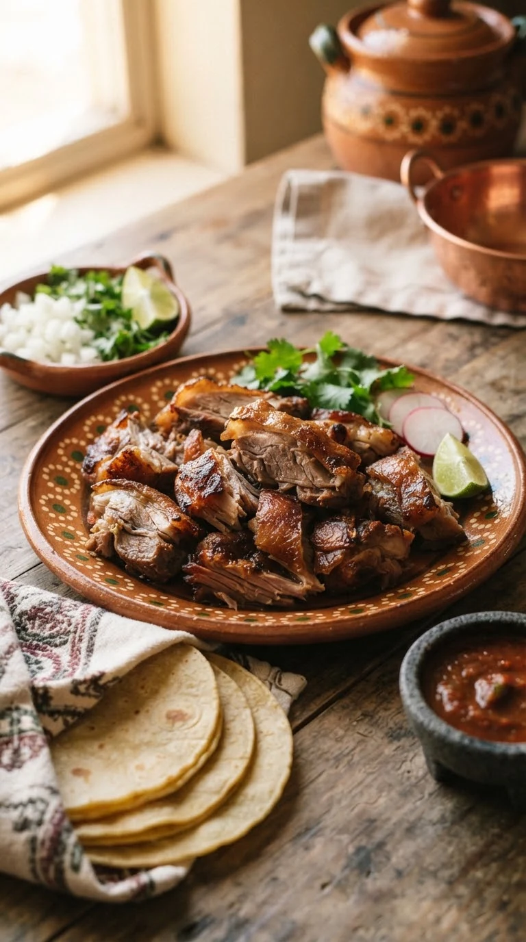 Carnitas mexicaines dorées servies avec tortillas, oignon, coriandre et citron vert