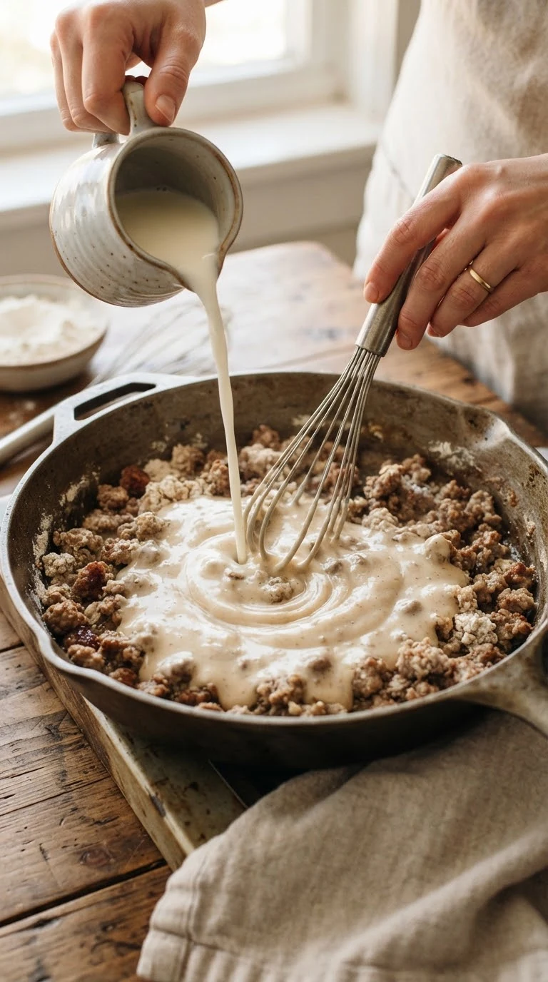 Incorporer la farine à la saucisse cuite avant d’ajouter progressivement le lait