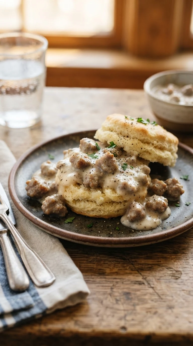 Biscuits and gravy américains, petits pains ouverts nappés de sauce crémeuse à la saucisse