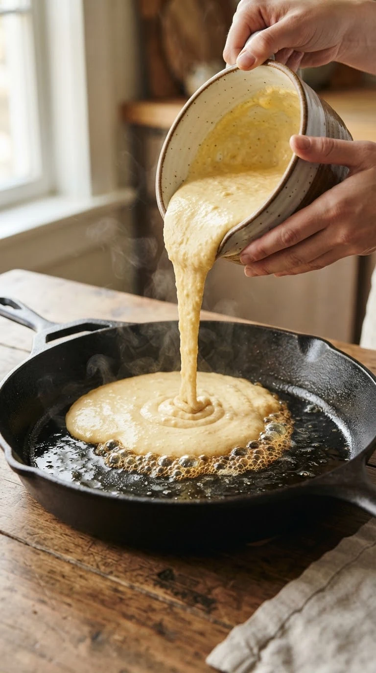 Verser la pâte de cornbread dans une poêle de fonte déjà très chaude