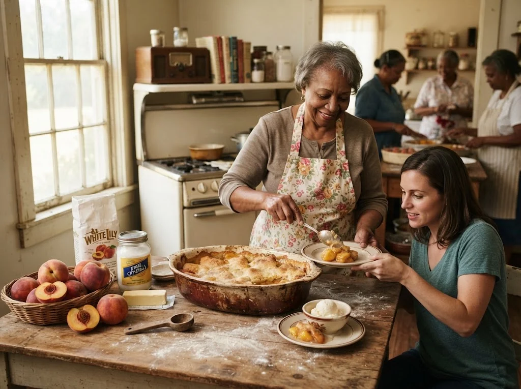 Scène culturelle évoquant peach cobbler américain et la cuisine de États-Unis